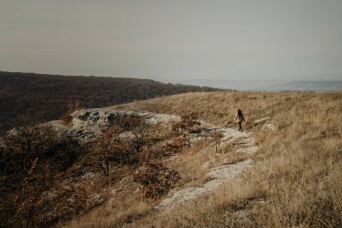 Sonbahar manzarası sıcak renklerde. Uzakta bir yolda yürüyen bir adam figürü.