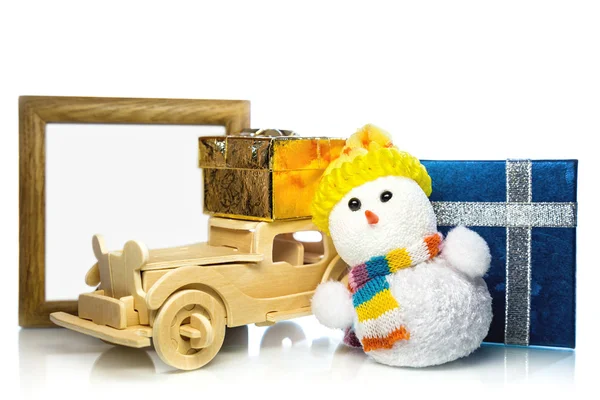 Snowman with car, gift boxes and frame — Stock Photo, Image