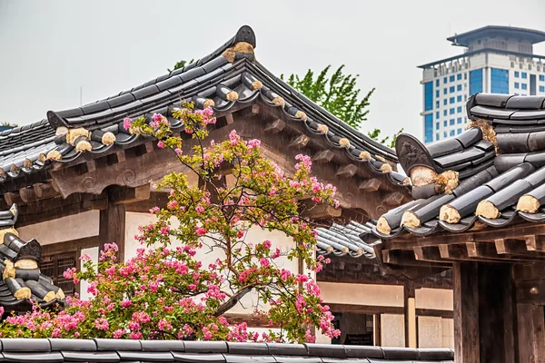 Традиционное старинное корейское здание с деревьями и цветами — стоковое фото