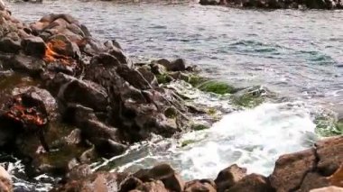 Vahşi rock ve dalgalar kıyıya veya okyanus ya da deniz kıyısında