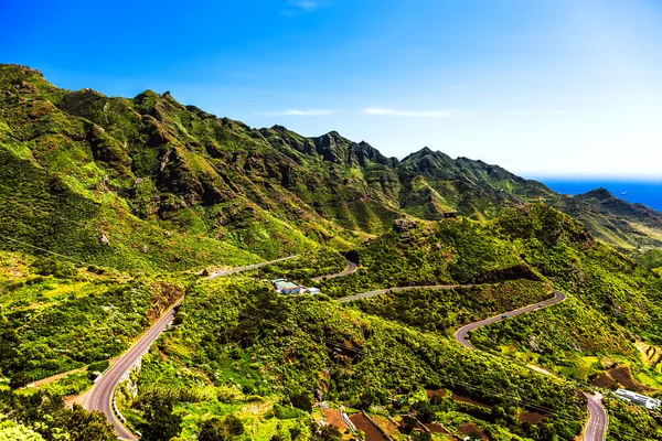 Groene bergen of rotsen vallei met road — Stockfoto