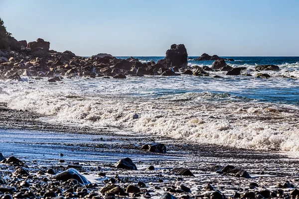 Fale i rocka na dzikiej plaży — Zdjęcie stockowe