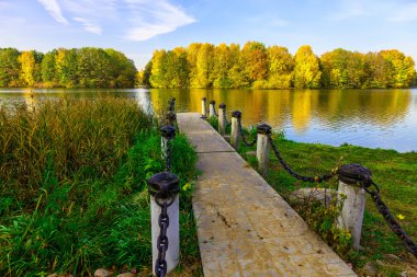 Dock göl ve kentsel parkta çok renkli ağaçlar görünümünden