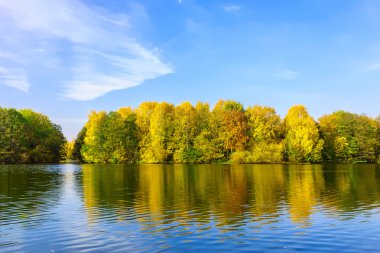 Nehir ve renkli Ağaçlar Sonbahar Park, yatay