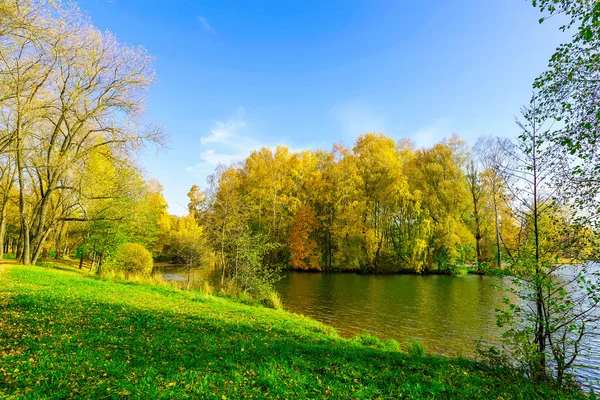 Paisaje otoñal con árboles de colores, hierba verde cerca del lago — Foto de Stock