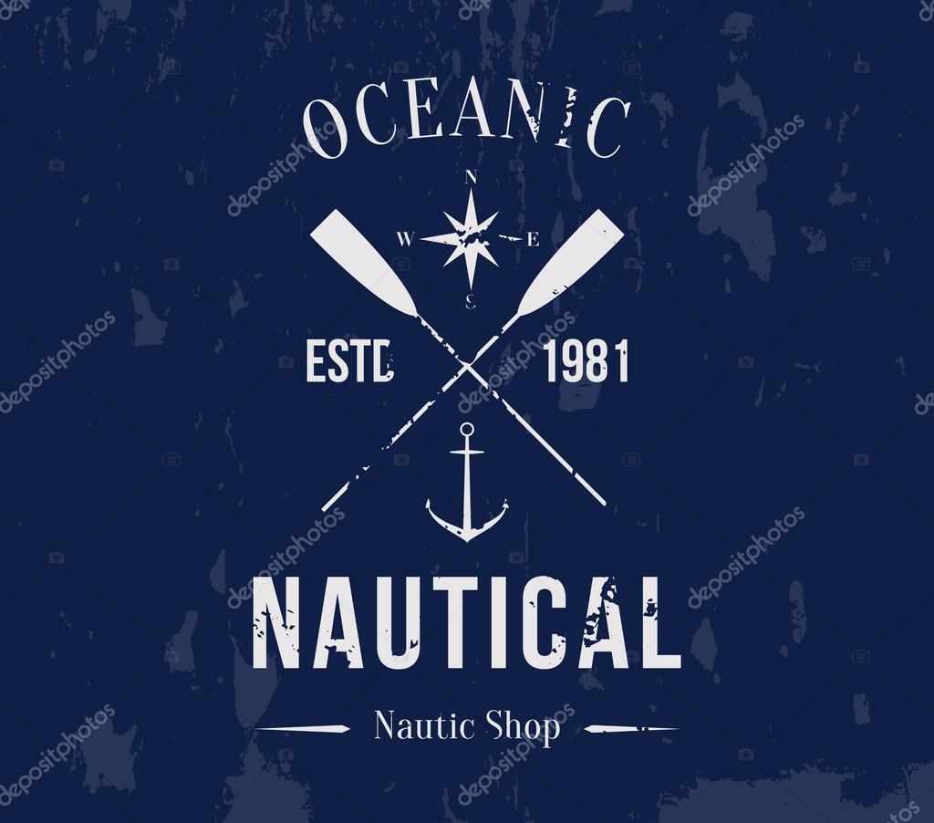 Vector grunge nautical logo template over textured background. Retro vintage design, hipster style. Brand, branding, logotype, company, identity