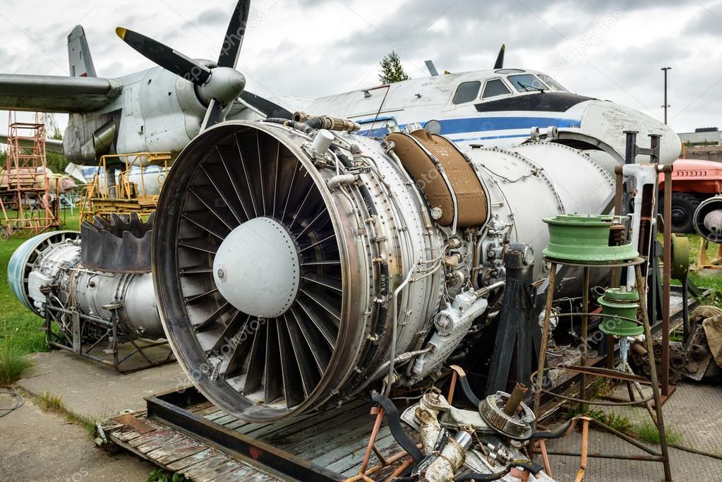 Disassembled broken aircraft engine