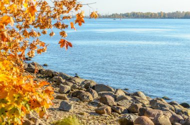 Kıyı şeridi Daugava Nehri Riga port, Latvia yakınındaki taş