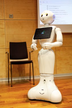Biber - Japon yarı insansı robot asistan yüz / baş portresi. Yapay zeka, robot gibi modern insan konsepti.