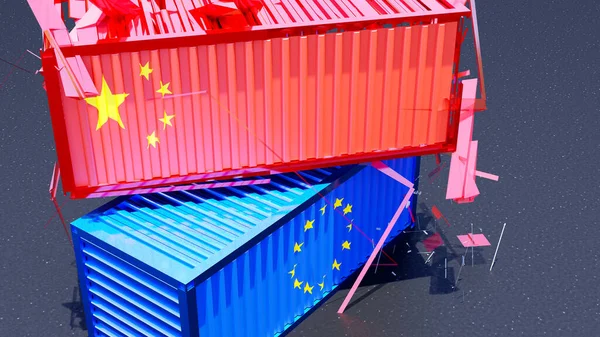 中国の赤旗貨物輸送用コンテナが落下し Euの旗を持つ青い欧州連合のコンテナ上から押し下げられました 中国産業対ヨーロッパ経済生産市場の戦いの概念 — ストック写真