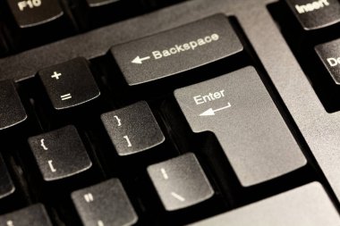 Black Pc masaüstü bilgisayar ofis klavyesi anahtar makro girin, aşırı yakın çekim, üst görünüm, açı, hiç kimse, detay çekim. Teknoloji, doğrulama, mesaj gönderme soyut kavram