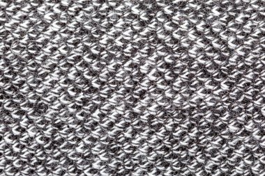 Siyah ve beyaz renkli dokunmuş sentetik malzeme kaba yapı makrosu, aşırı yakın çekim, soyut gri tekstil yüzeyi, üst görünüm, basit arkaplan dokusu, yaratıcı dekoratif zemin