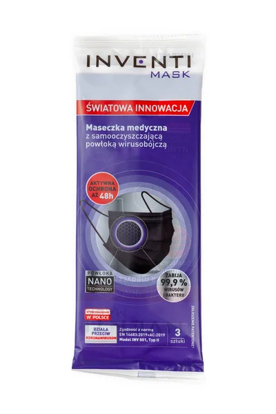 Inventi Skyddande Ansiktsmasker Enda Förpackning Antiviral Medicinsk Mask Förpackning Polish — Stockfoto