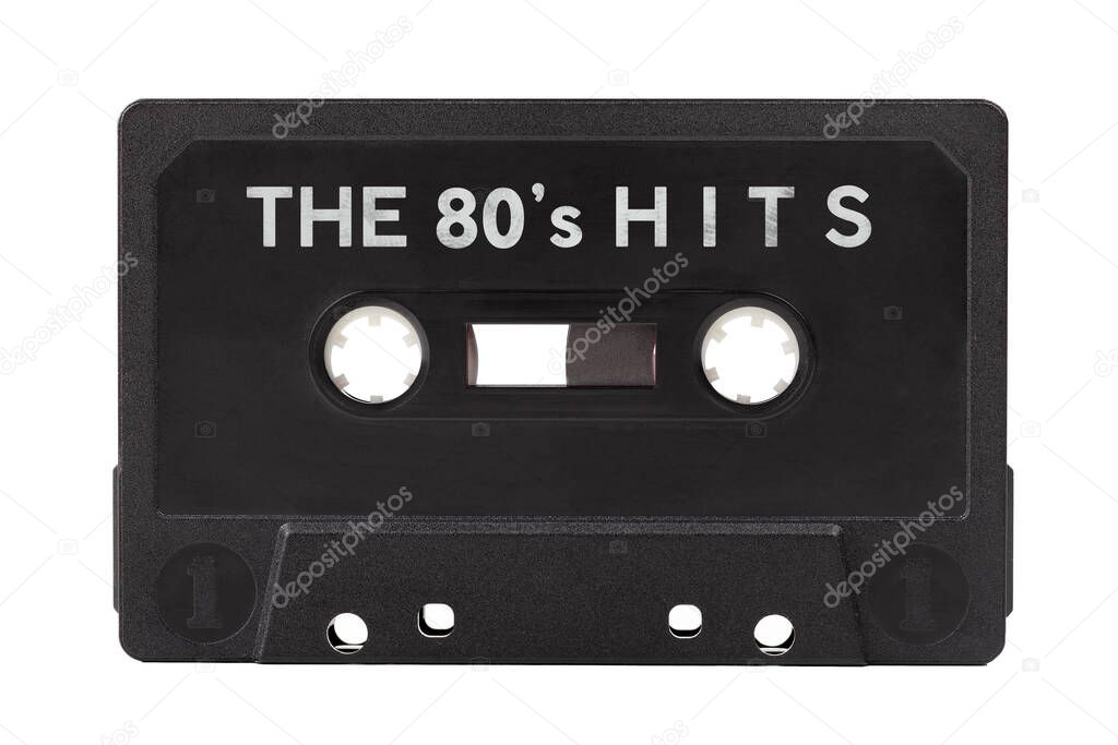 The 80s hits, old vintage 80's audio, hit songs compilation, retro mixtape, black tape audio cassette object isolated on white, cut out. Eighties music, old hits simple abstract concept, mix tape