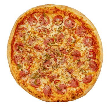 Büyük boy pepperonili salamlı pizza, yukarıdan izole edilmiş beyaz arka plan, kesilmiş, yuvarlak pizza, geleneksel klasik Amerikan pizzası, yüksek çözünürlüklü.