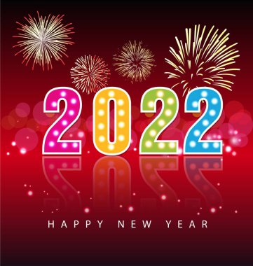 2022 yılınız kutlu olsun. Konfetileri ve siyah arkaplanda şeritleri olan altın gibi parlak rakamlar. Tatil tebrik kartı tasarımı.