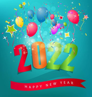 2022 yılınız kutlu olsun. Konfetileri ve siyah arkaplanda şeritleri olan altın gibi parlak rakamlar. Tatil tebrik kartı tasarımı.