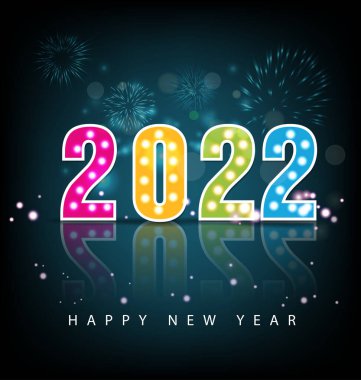 2022 yılınız kutlu olsun. Konfetileri ve siyah arkaplanda şeritleri olan altın gibi parlak rakamlar. Tatil tebrik kartı tasarımı.