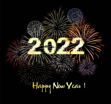 2022 yılınız kutlu olsun. Konfetileri ve siyah arkaplanda şeritleri olan altın gibi parlak rakamlar. Tatil tebrik kartı tasarımı.
