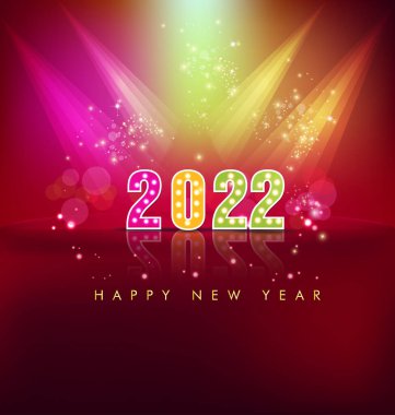 2022 yılınız kutlu olsun. Konfetileri ve siyah arkaplanda şeritleri olan altın gibi parlak rakamlar. Tatil tebrik kartı tasarımı.