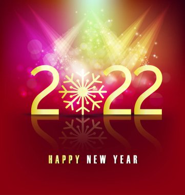 2022 yılınız kutlu olsun. Konfetileri ve siyah arkaplanda şeritleri olan altın gibi parlak rakamlar. Tatil tebrik kartı tasarımı.