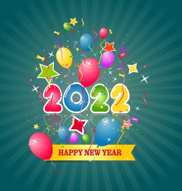 2022 yılınız kutlu olsun. Konfetileri ve siyah arkaplanda şeritleri olan altın gibi parlak rakamlar. Tatil tebrik kartı tasarımı.