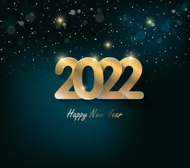 2022 yılınız kutlu olsun. Konfetileri ve siyah arkaplanda şeritleri olan altın gibi parlak rakamlar. Tatil tebrik kartı tasarımı.