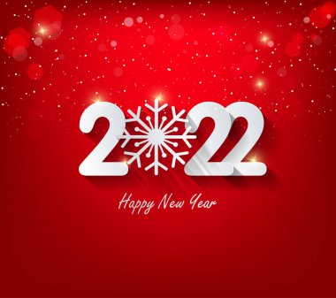 2022 yılınız kutlu olsun. Konfetileri ve siyah arkaplanda şeritleri olan altın gibi parlak rakamlar. Tatil tebrik kartı tasarımı.