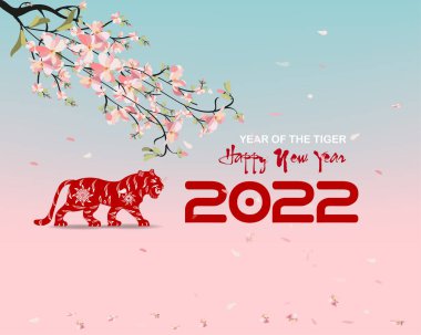 2022 yılında Çin 'de kaplan kırmızı ve altın çiçeği ve arka planda zanaat tarzıyla kesilmiş Asya elementleri. Çince yeni yıl 2022, kaplan yılı. )