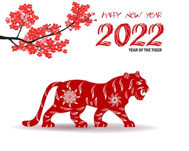 2022 yılında Çin 'de kaplan kırmızı ve altın çiçeği ve arka planda zanaat tarzıyla kesilmiş Asya elementleri. Çince yeni yıl 2022, kaplan yılı. )