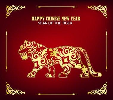 2022 yılında Çin 'de kaplan kırmızı ve altın çiçeği ve arka planda zanaat tarzıyla kesilmiş Asya elementleri. Çince yeni yıl 2022, kaplan yılı. )
