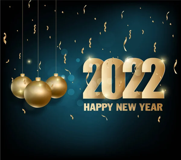2022年の新年明けましておめでとうございます 黒の背景にコンフェッティとリボン付きの黄金の光沢のある数字 ホリデーグリーティングカードデザイン — ストックベクタ
