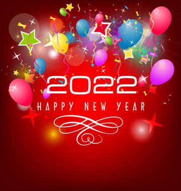 2022 yılınız kutlu olsun. Konfetileri ve siyah arkaplanda şeritleri olan altın gibi parlak rakamlar. Tatil tebrik kartı tasarımı.