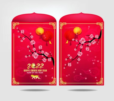 2022 yılında Çin 'de kaplan kırmızı ve altın çiçeği ve arka planda zanaat tarzıyla kesilmiş Asya elementleri. Çince yeni yıl 2022, kaplan yılı. )