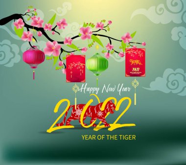 2022 yılında Çin 'de kaplan kırmızı ve altın çiçeği ve arka planda zanaat tarzıyla kesilmiş Asya elementleri. Çince yeni yıl 2022, kaplan yılı. )