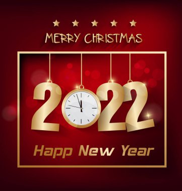 2022 yılınız kutlu olsun. Konfetileri ve siyah arkaplanda şeritleri olan altın gibi parlak rakamlar. Tatil tebrik kartı tasarımı.