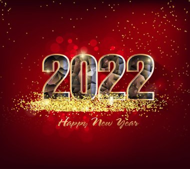2022 yılınız kutlu olsun. Konfetileri ve siyah arkaplanda şeritleri olan altın gibi parlak rakamlar. Tatil tebrik kartı tasarımı.