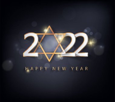 2022 yılınız kutlu olsun. Konfetileri ve siyah arkaplanda şeritleri olan altın gibi parlak rakamlar. Tatil tebrik kartı tasarımı.