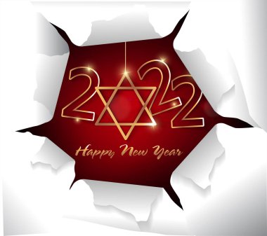 2022 yılınız kutlu olsun. Konfetileri ve siyah arkaplanda şeritleri olan altın gibi parlak rakamlar. Tatil tebrik kartı tasarımı.