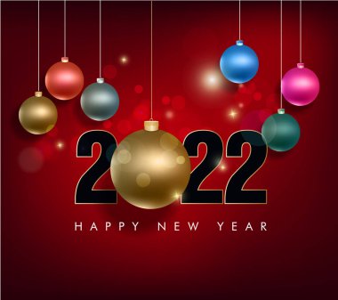 2022 yılınız kutlu olsun. Konfetileri ve siyah arkaplanda şeritleri olan altın gibi parlak rakamlar. Tatil tebrik kartı tasarımı.