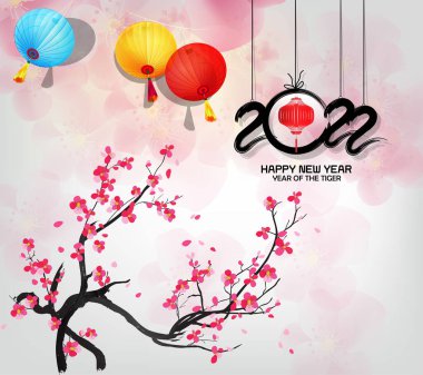 2022 yılında Çin 'de kaplan kırmızı ve altın çiçeği ve arka planda zanaat tarzıyla kesilmiş Asya elementleri. Çince yeni yıl 2022, kaplan yılı. )