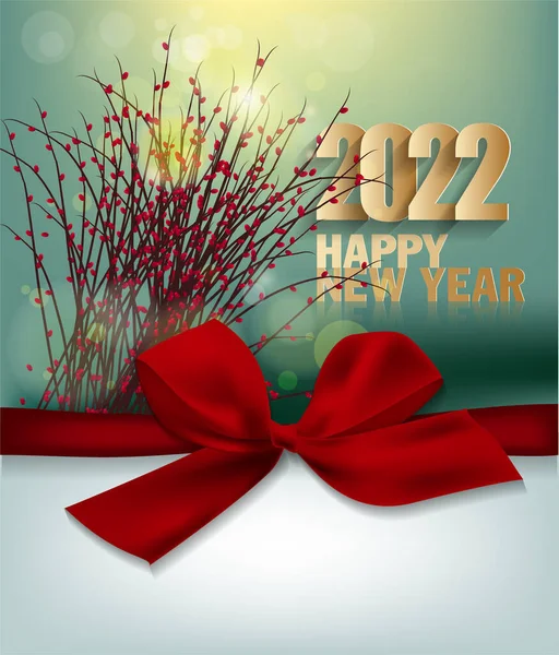 Happy New Year 2022 Background Golden Shiny Numbers Confetti Ribbons — Stock Vector