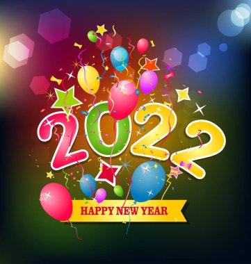 2022 yılınız kutlu olsun. Konfetileri ve siyah arkaplanda şeritleri olan altın gibi parlak rakamlar. Tatil tebrik kartı tasarımı.