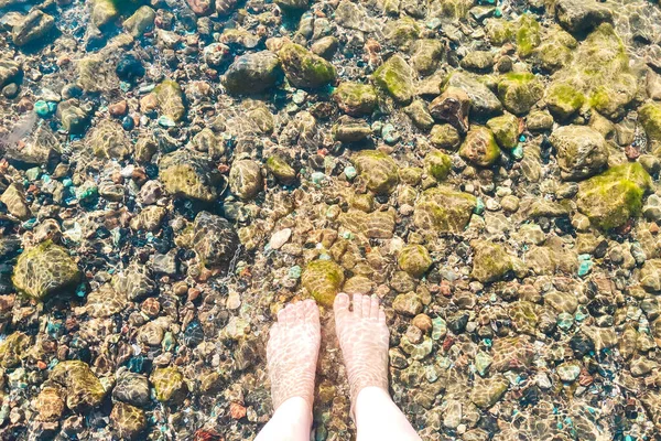 Los Pies Los Niños Están Agua Mar Clara Pueden Ver —  Fotos de Stock