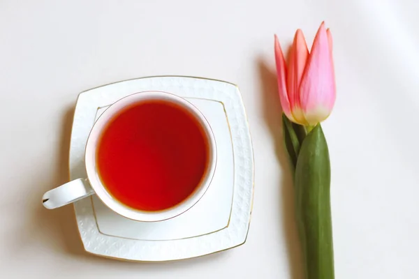 Une Tasse Thé Avec Une Tulipe Rose Minimalisme Composition Petit — Photo