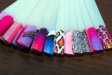 Cilalama ve çizim örnekleri. Plastik çiviler üzerine manikür eğitimi.