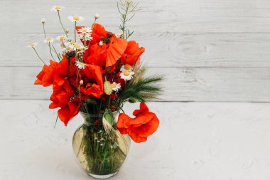 Bir buket kır çiçeği: beyaz arka planda şeffaf cam vazoda papatyalar ve gelincikler.