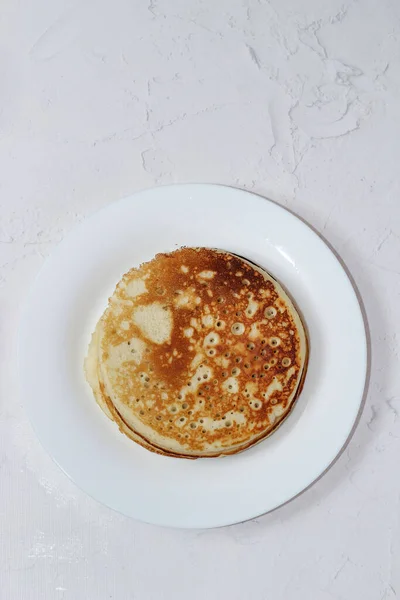 Pancakes Snow White Plate Rosy Hot Sweet Breakfast — Stock Photo, Image