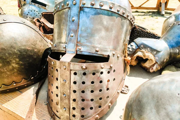 vintage medieval helmet armor on display. protective headgear.