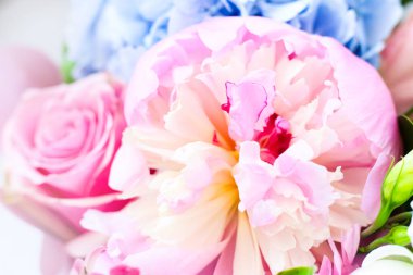 Şakayık buketleri narin pembe şakayıklar yumuşak mavi ortancalar ve taze yeşil yapraklar sergiliyor. Bu düzenleme baharın özünü yakalar ve herhangi bir ayara renk ekler.